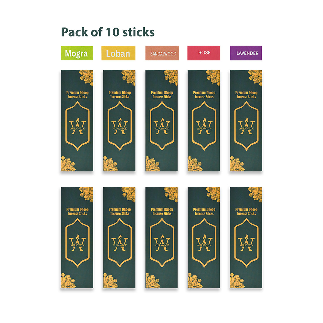 Organic Multi-Fragrance Dhoop Sticks | Pack of 10 | Sandalwood Lavender Loban Mogra Rose