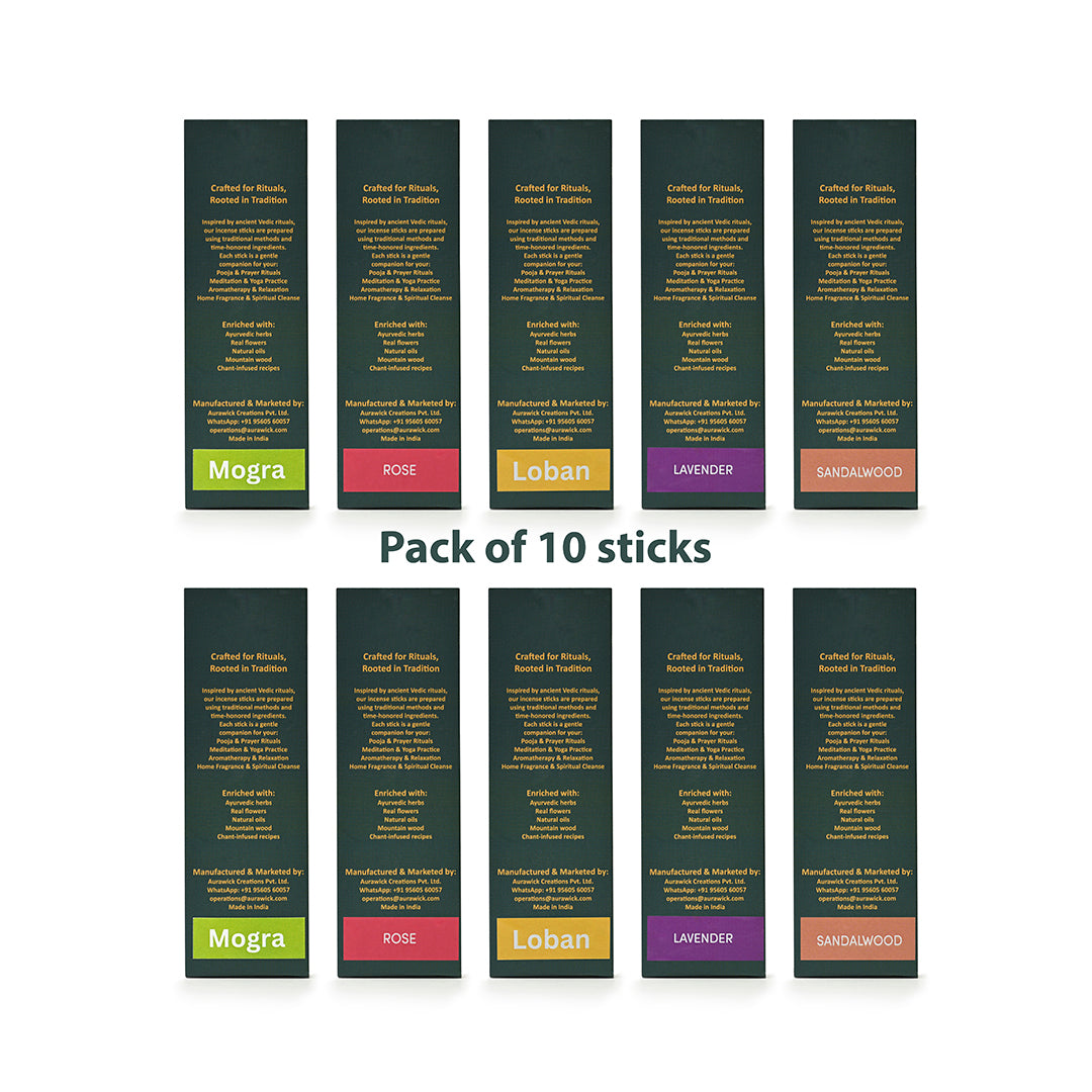 Organic Multi-Fragrance Dhoop Sticks | Pack of 10 | Sandalwood Lavender Loban Mogra Rose